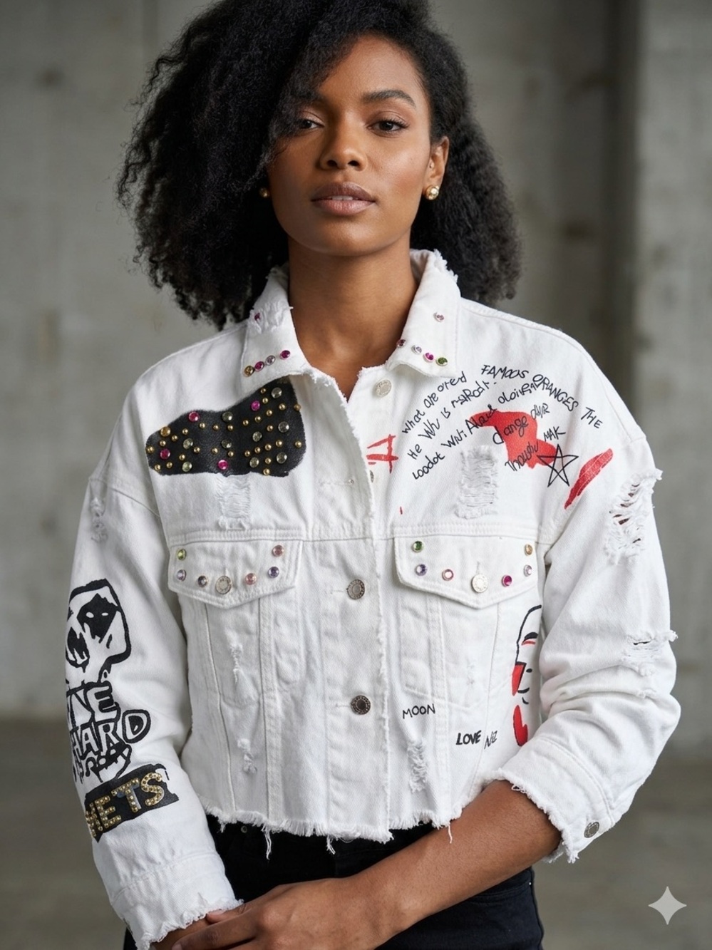 Lizette Collection Drawn Detail White Denim Jacket with Stud Accents